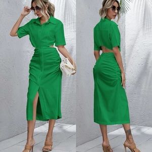 Button front ruched detail cut out shirt dress